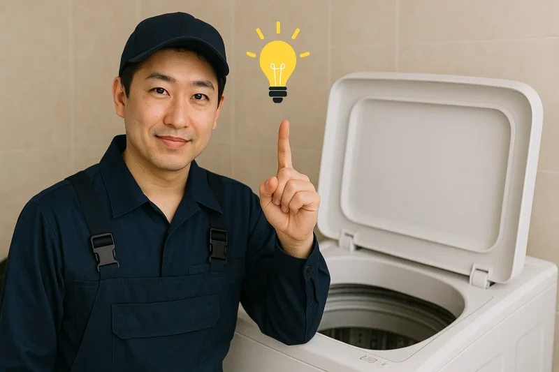 洗濯機の洗浄について説明するプロの作業員